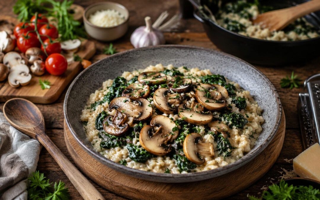 Mediterraner Blumenkohlreis mit Champignons und Spinat – Leichtes Soulfood